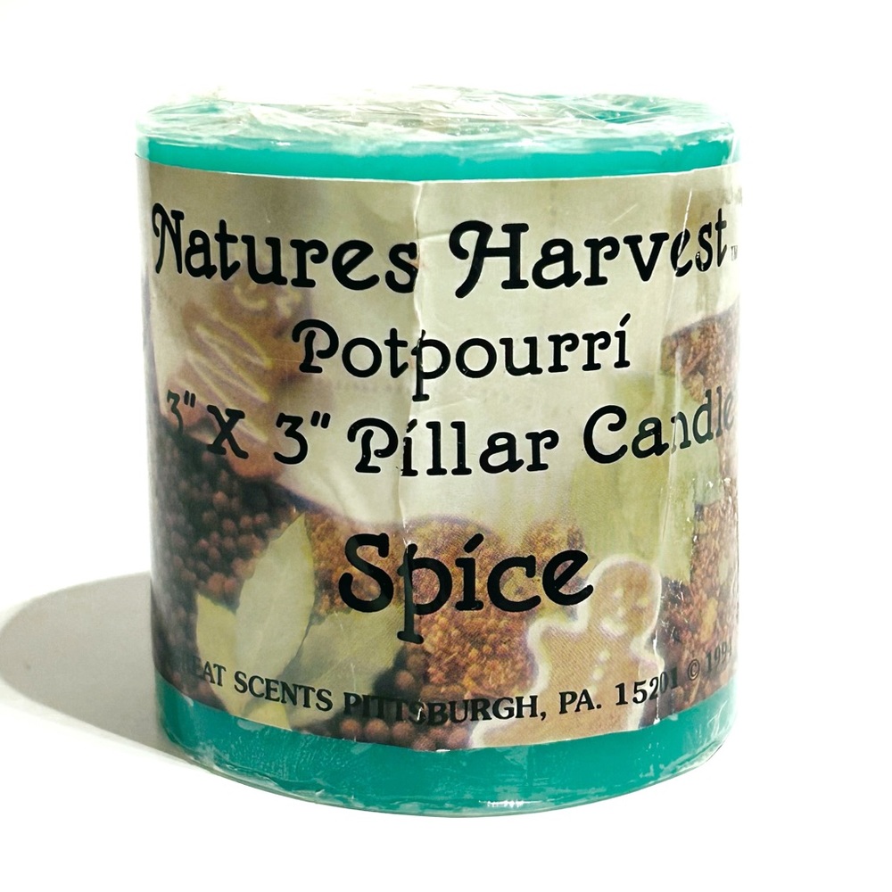 Vintage 1994 Natures Harvest Potpourri Pillar Candle Spice Green Teal Wick 3”